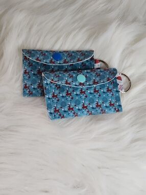 Reindeer Print Blue Vinyl Keyring Wallet - Small Wristlet Pouch. Handmade.